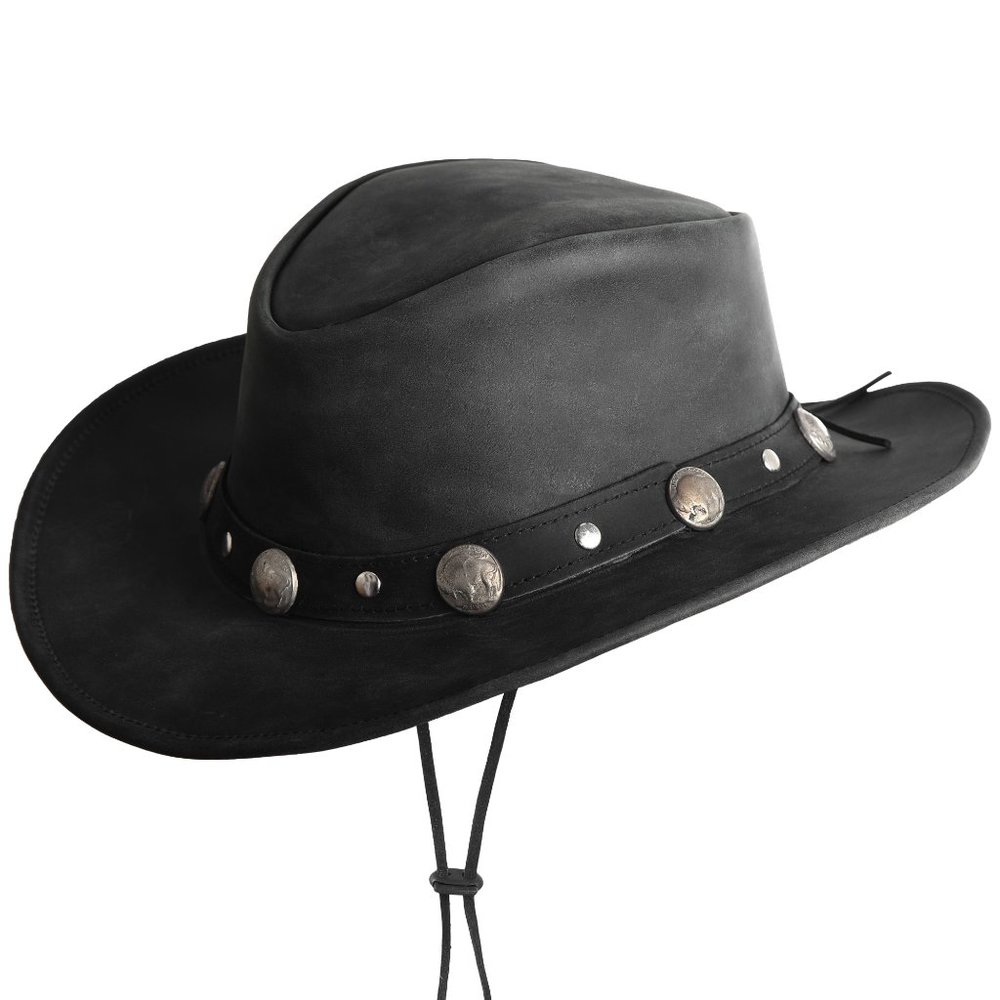 Lesa Collection Bullring Leather Hat Western Cowboy Unisex Buffalo Coin Black